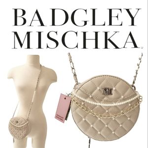 Badgley Mischka Beige Faux Pearl Diamond Quilted Round Crossbody Bag NWT